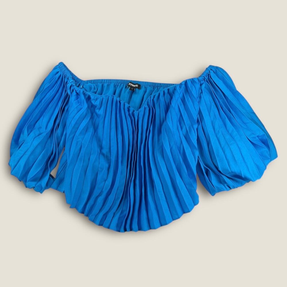Express Cobalt Blue Off-Shoulder Pleated Peasant Blouse